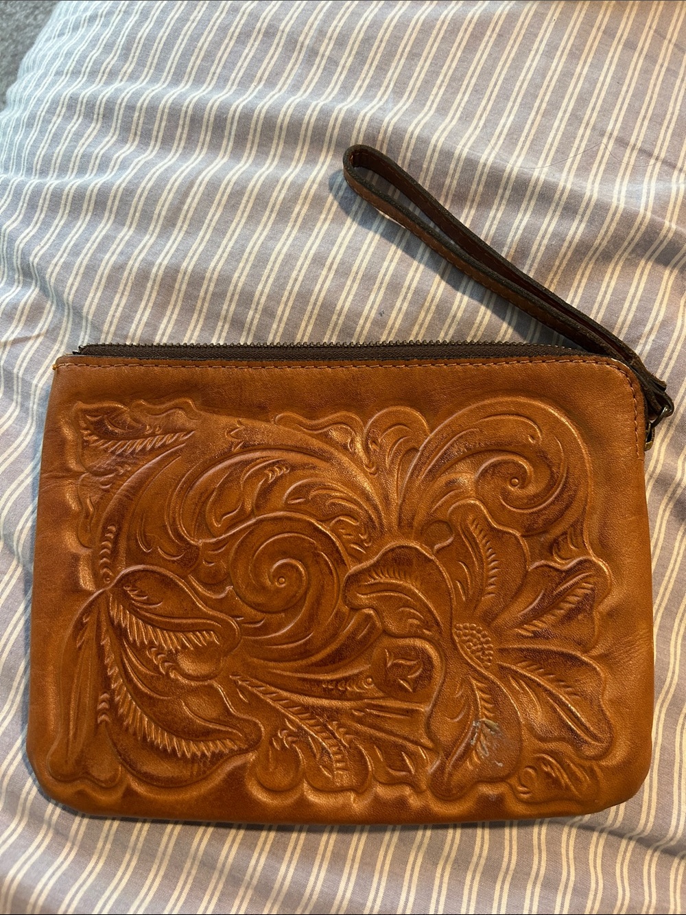 Embossed Floral Leather Wristlet Pouch - Brown